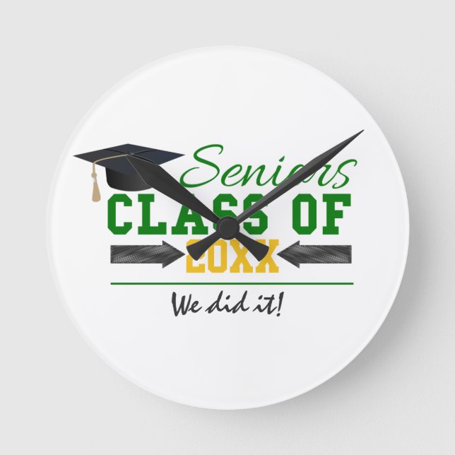 Green and Yellow Graduation Gear Round Clock (Front)