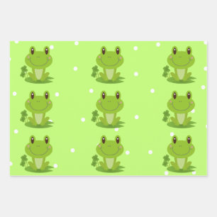 Green And Yellow Happy Frog White Polka Dot  Wrapping Paper Sheet
