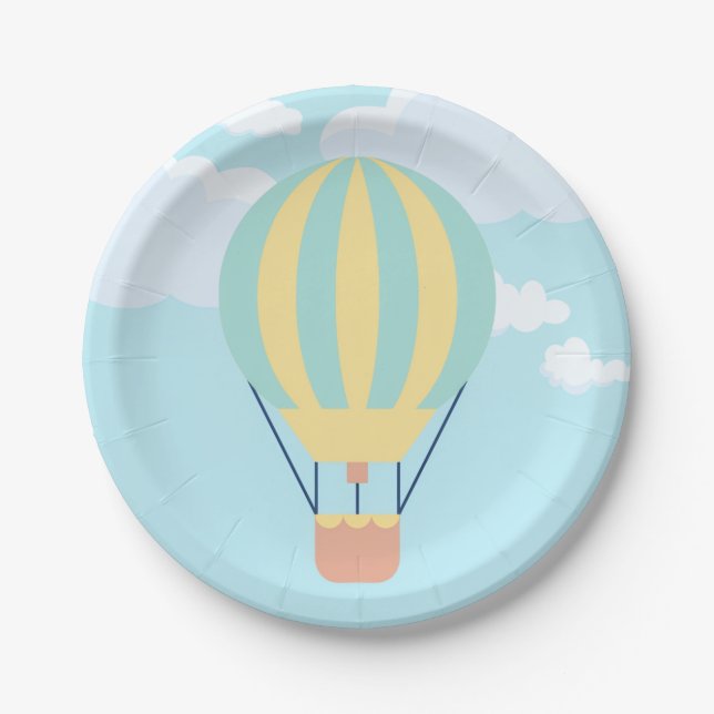 Green and Yellow Hot air balloon in the Sky  Paper Plate (Front)