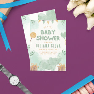 Green and Yellow Illustrative Elephant Baby Shower Invitation