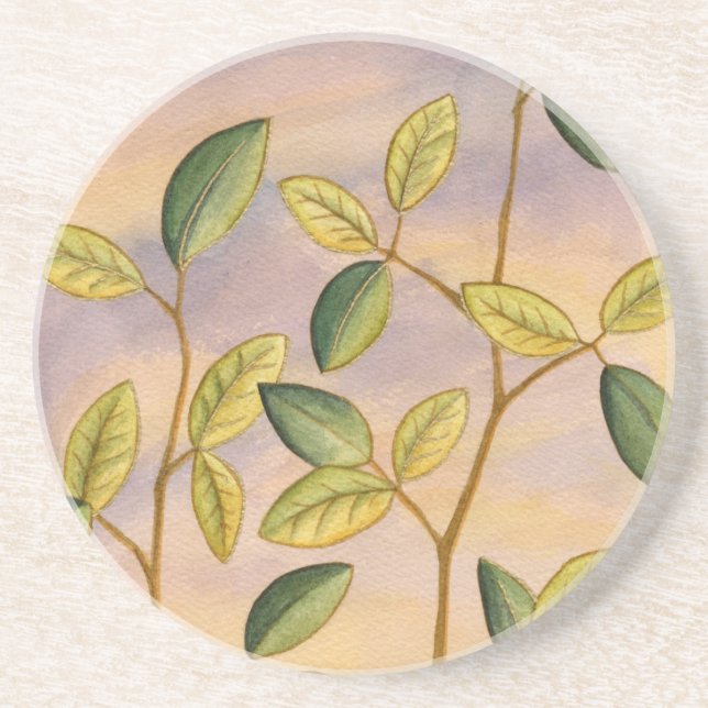 Green and Yellow Leaves on Sunset Background Coaster (Front)