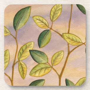 Green and Yellow Leaves on Sunset Background Coaster