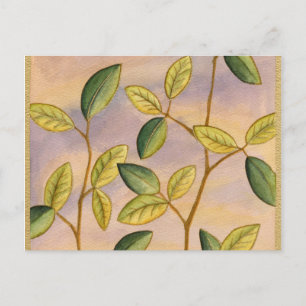 Green and Yellow Leaves on Sunset Background Postcard