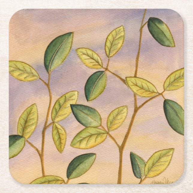 Green and Yellow Leaves on Sunset Background Square Paper Coaster (Front)