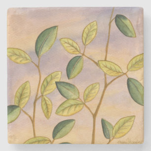 Green and Yellow Leaves on Sunset Background Stone Coaster