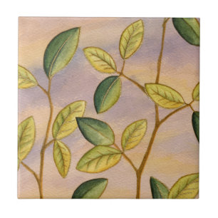 Green and Yellow Leaves on Sunset Background Tile