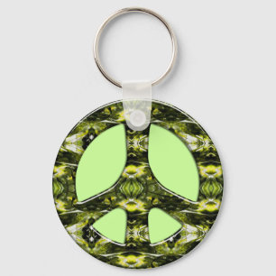 GREEN AND YELLOW MARBLE PEACE SIGN KEYCHAIN