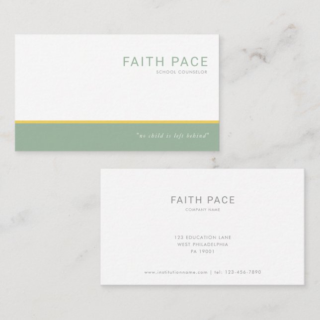 Green and Yellow Modern School Counselor  Business Card (Front/Back)