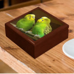 Green and Yellow Parakeets Gift Box<br><div class="desc">For bird lovers! Store trinkets, jewellery and other small keepsakes in this wooden gift box with ceramic tile featuring a photo image of a pair of brightly coloured, green and yellow Parakeets, commonly called Budgies. Select your gift box size and colour.</div>