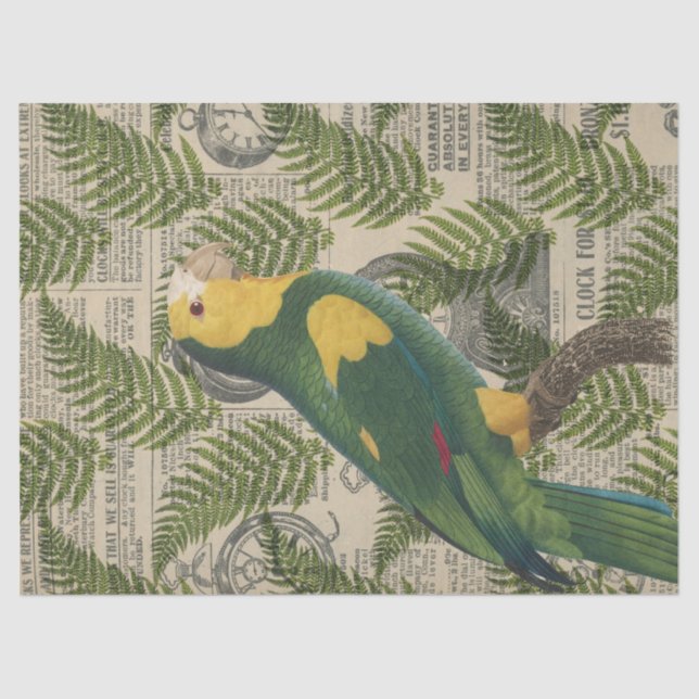 Green and Yellow Parrot on Leaves Decoupage Tissue Paper (Front)