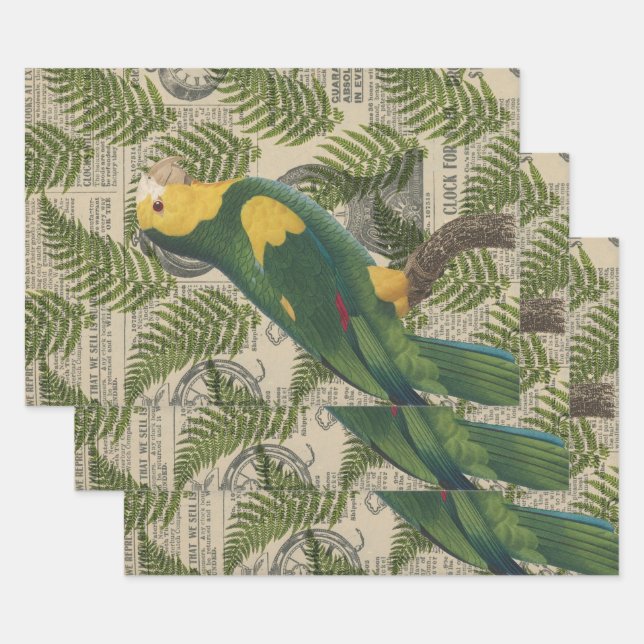 Green and Yellow Parrot on Leaves Wrapping Paper Sheet (Set)