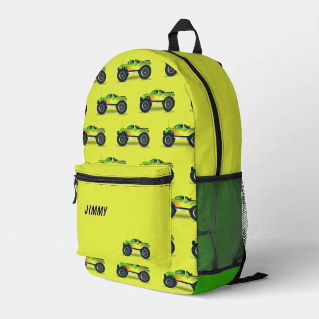Green and yellow personized monster truck printed backpack (Back Corner Right)