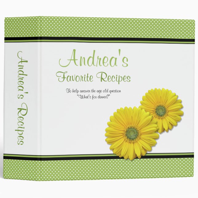 Green and Yellow Polka Dot Daisy 2" Recipe Binder (Front/Spine)