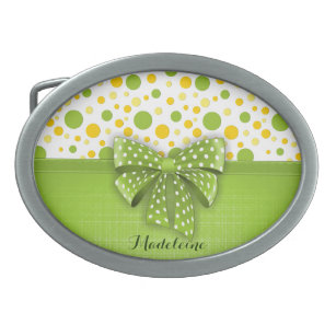Green and Yellow Polka Dots, Spring Green Ribbon Oval Belt Buckle
