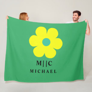 green and yellow simple modern monogram cute fleece blanket