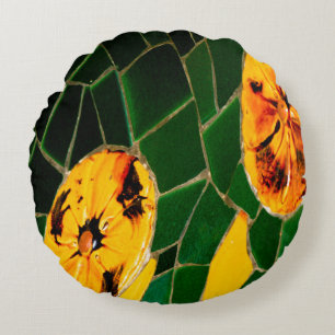Green and Yellow Spanish Mosaic  Round Pillow