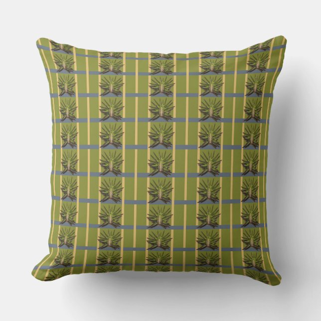 Green and Yellow Stripes with Blue Throw Pillow (Front)