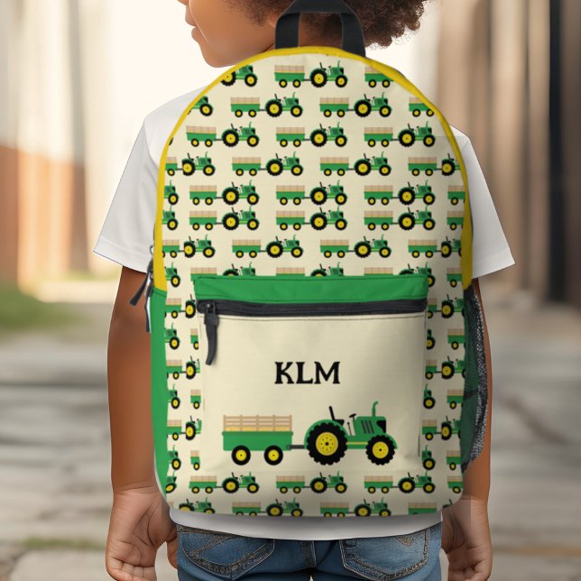 Green and Yellow Tractor Farm Monogram Printed Backpack (Creator Uploaded)