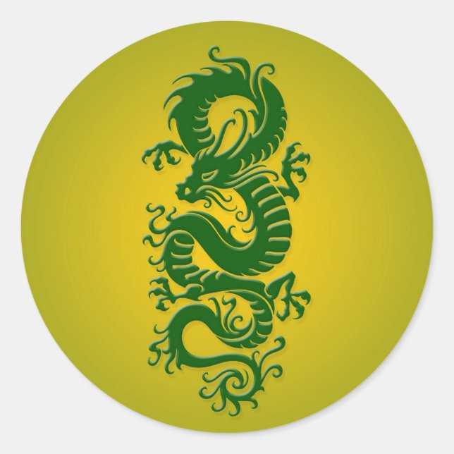 Green and Yellow Tribal Chinese Dragon Classic Round Sticker (Front)