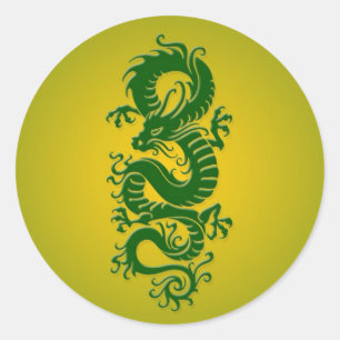 Green and Yellow Tribal Chinese Dragon Classic Round Sticker