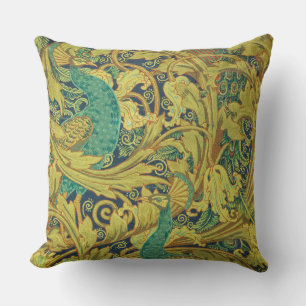 Green and yellow vintage tapestry throw pillow