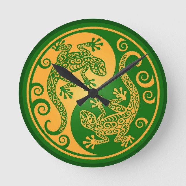 Green and Yellow Yin Yang Geckos Round Clock (Front)