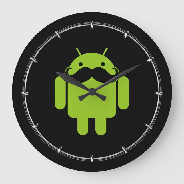 Green Android Robot Mustache on Black Large Clock (Front)