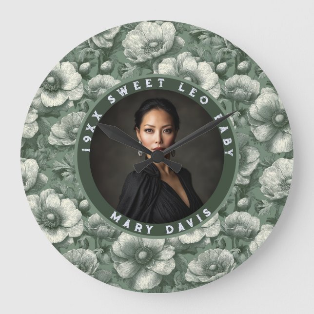 Green Anemones Flower 60Th Birthday Personalized Large Clock (Front)