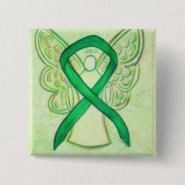 Green Angel Awareness Ribbon Custom Art Pins (Front)