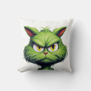 Green Angry Cat Throw Pillow