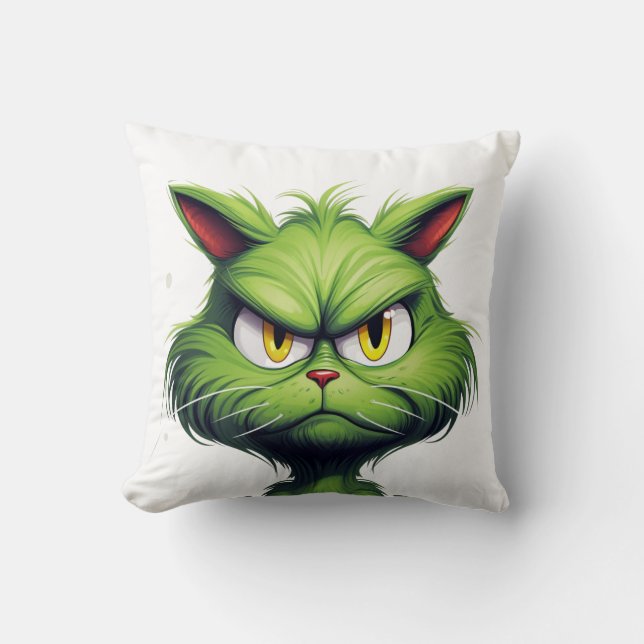 Green Angry Cat  Throw Pillow (Front)