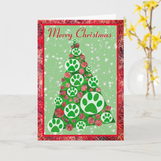 Green Animal Paw Silhouette Christmas Tree Decor Card (Yellow Flower)