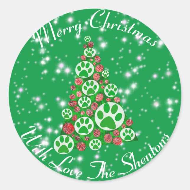 Green Animal Paw Silhouette Christmas Tree Green Classic Round Sticker (Front)