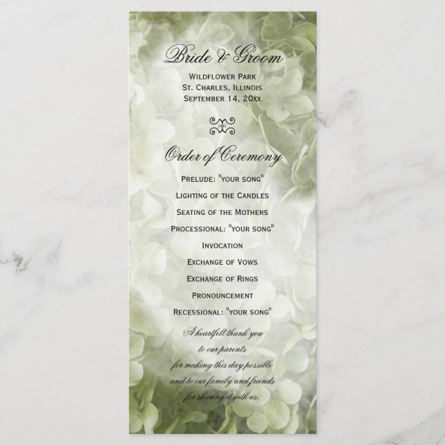 Green Annabelle Hydrangea Floral Wedding Program (Front)