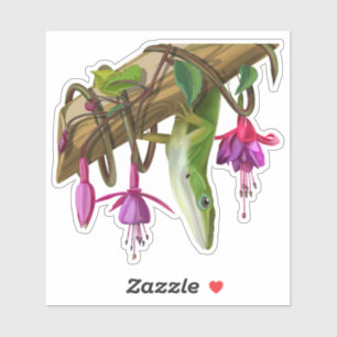 Green anole with Fuchsias