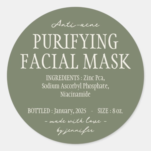 Green Anti acne purifying facial mask Ingredients Classic Round Sticker (Front)