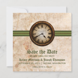 Green Antique Clock Save the Date Announcement