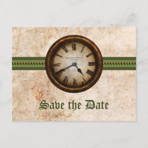 Green Antique Clock Save the Date Postcard