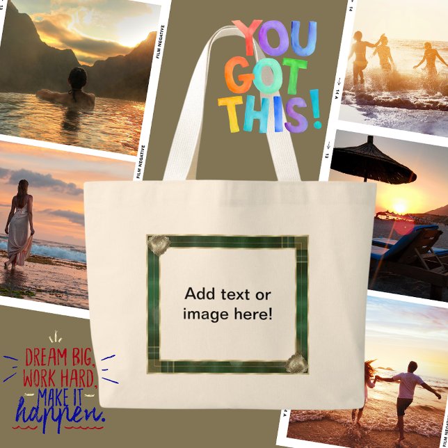Green Antique Frame Add Your Photo Quote  Large Tote Bag (Green Antique Frame Add Your Photo Here Large Tote Bag)