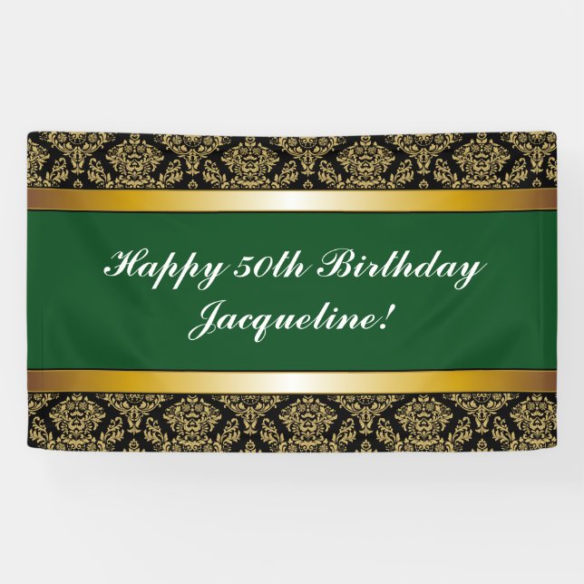 Green Any Age Gold Damask Anniversaire Bannière (Horizontal)