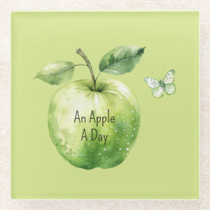 Green Apple A Day Butterfly Glass Coaster
