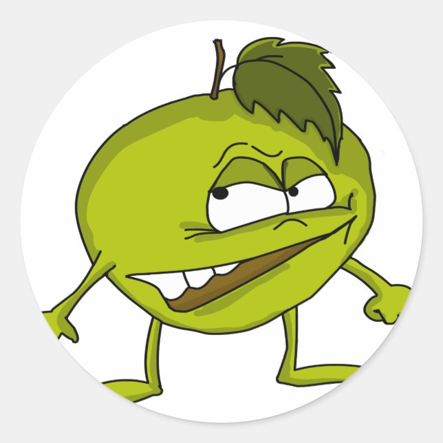 Green apple cartoon character with a vicious smile classic round sticker (Front)