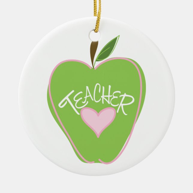 Green Apple & Heart Teacher Ornament (Front)