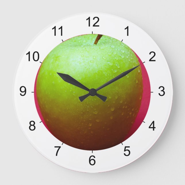 Green apple on red background large clock (Front)