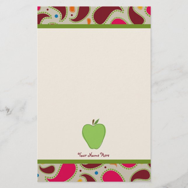 Green Apple & Paisley Personalized Teacher Stationery (Front)