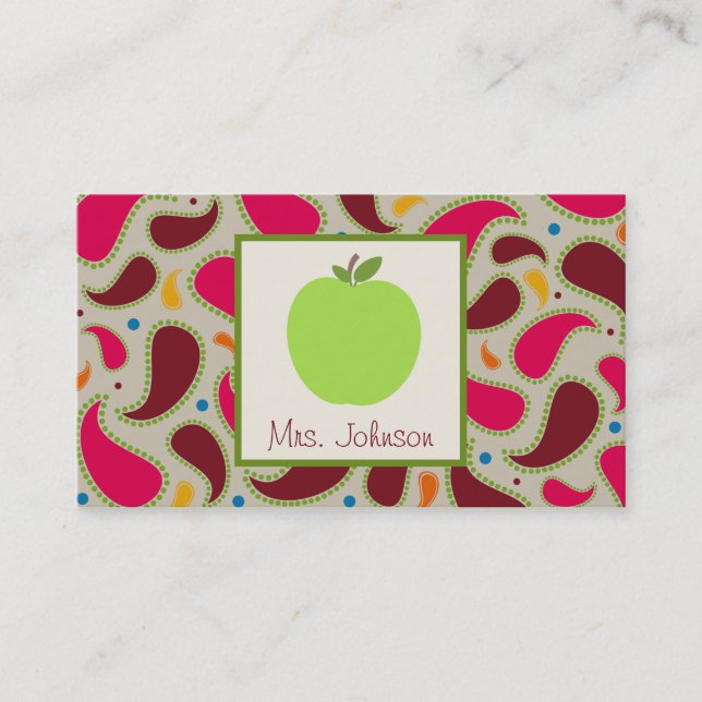 Green Apple & Paisley Teacher Business Cards (Front)