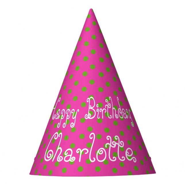 Green Apple Polka Dot on Diva Pink Personalized Party Hat (Front)
