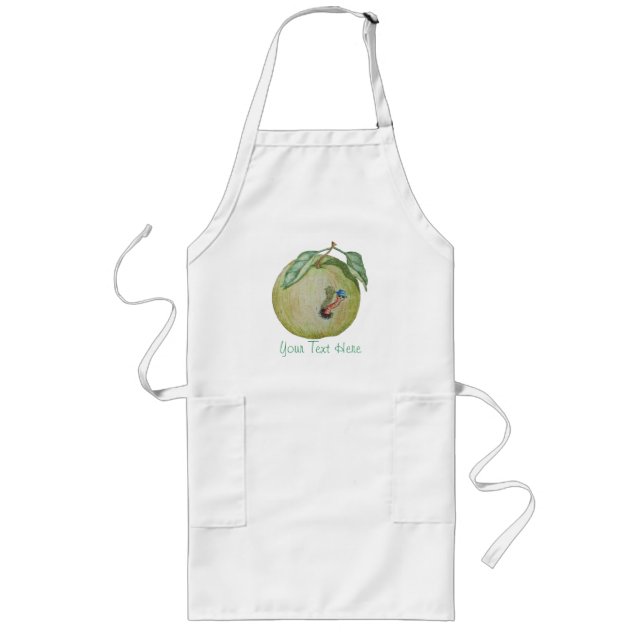 Green apple with funny maggot in hat illustration long apron (Front)