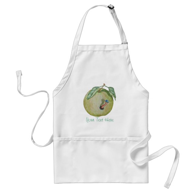 Green apple with funny maggot in hat illustration standard apron (Front)