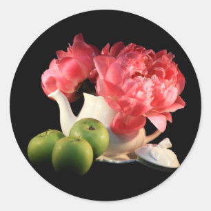 Green Apples And Peonies In A Teapot Classic Round Sticker